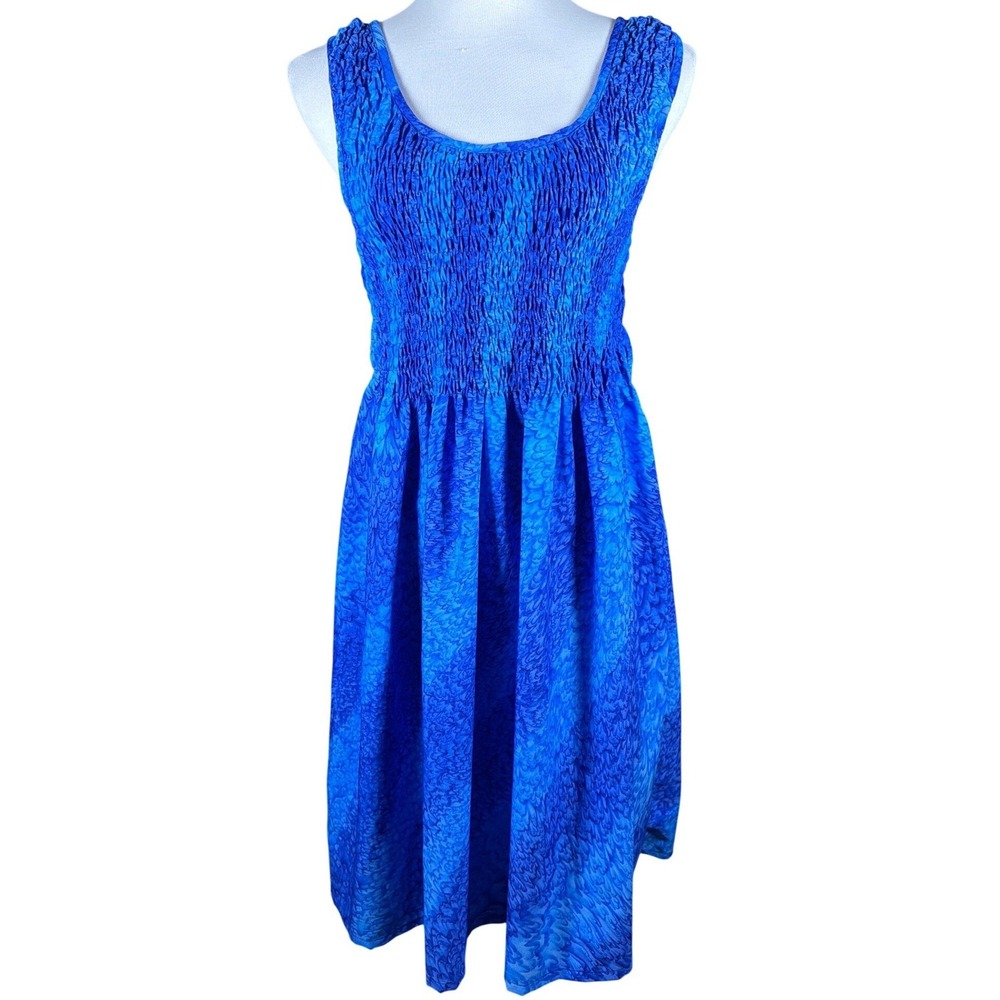 Rima Beachworld Blue Smocked Terivoile Midi Dress One Size Fits All Sleeveless